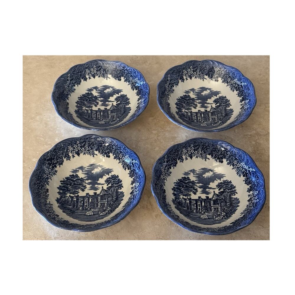J. & G. Meakin Chequers Blue & White Ironstone Bowls Set of 4 6" Romantic UK